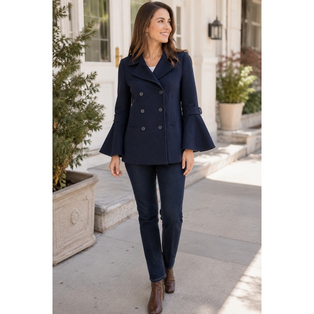 Joie Navy Blue Wool Double Breasted Bell Sleeve Pea Coat M/L